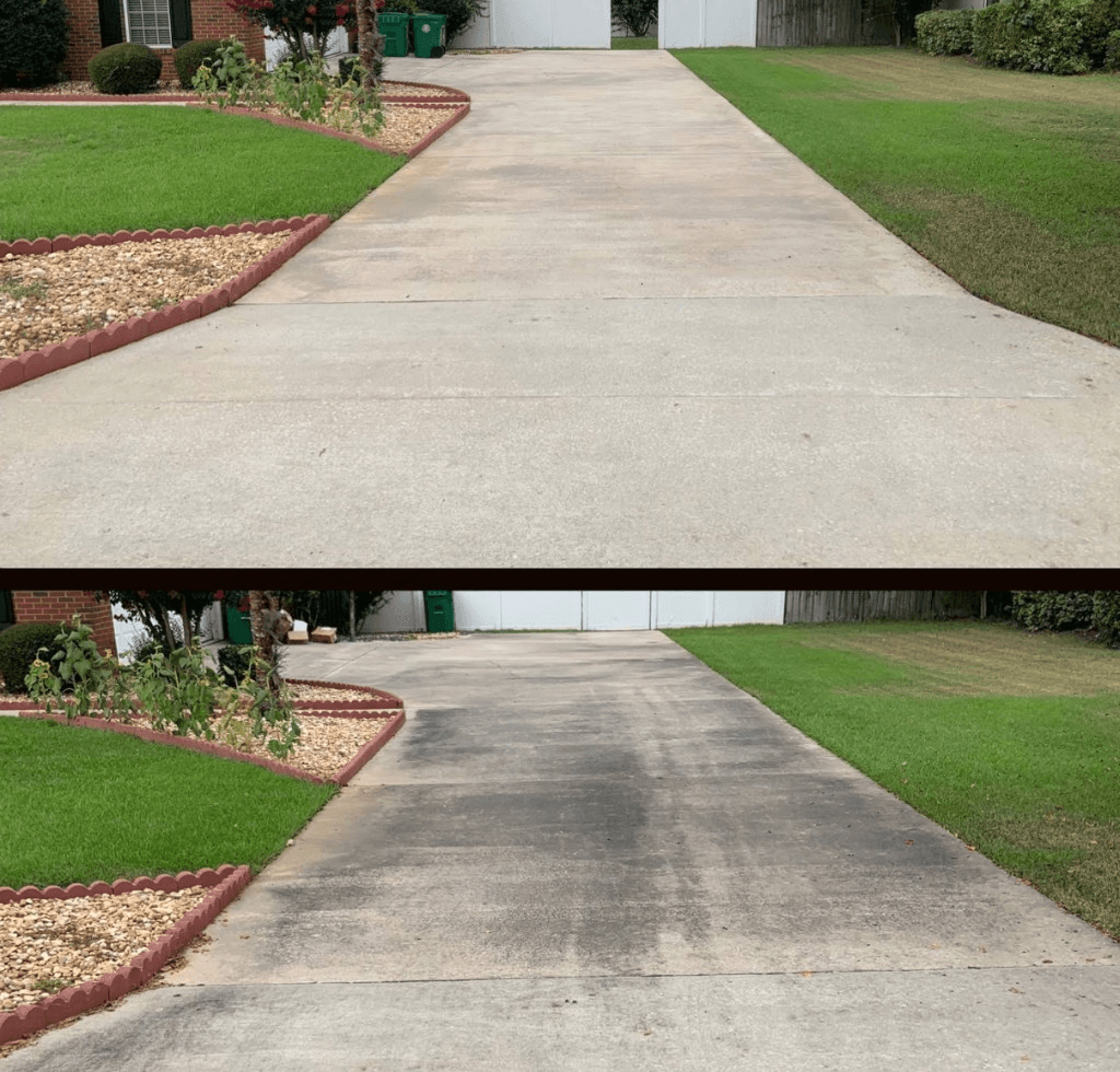Before and after concrete driveway pressure washing showing stains removed