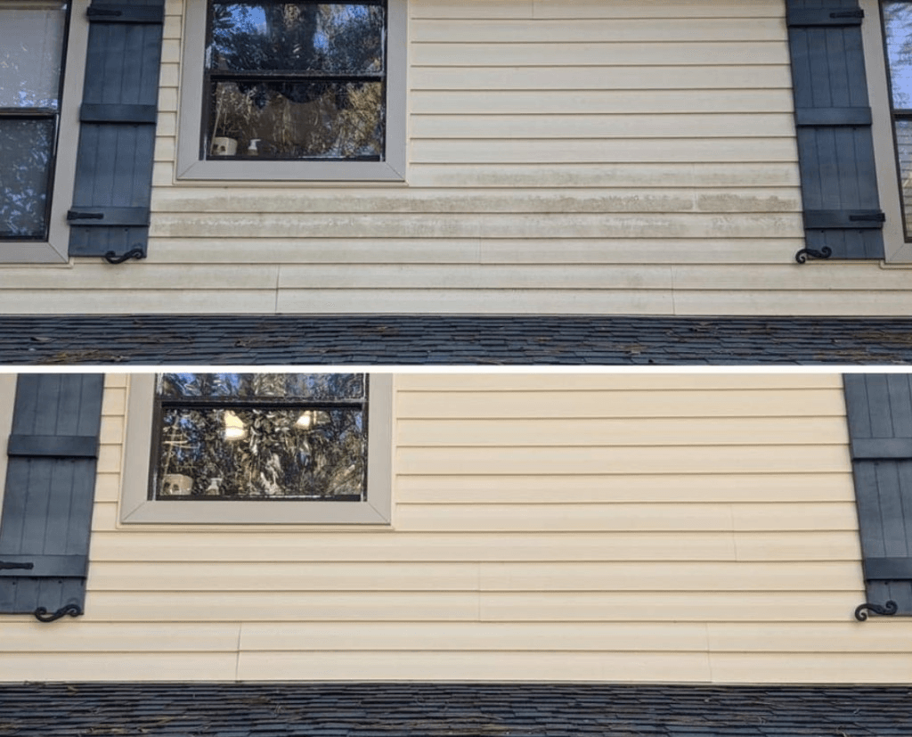 Before and after house washing showing green algae removed from cream siding